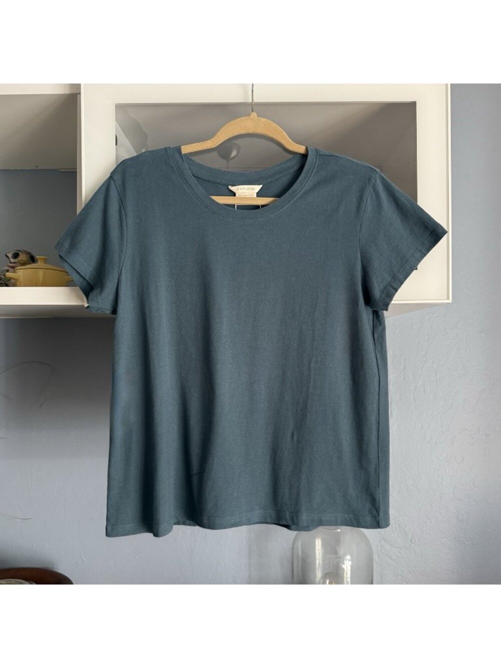 COYUCHI Solstice 100% Organic Cotton Short Sleeve Crew Neck Top Blue Sz M